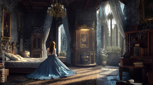Rearview of a young woman, princess or queen, in an elegant, glamorous, and beautiful gown or dress standing next to a bed in a castle or palace bedroom decorated in a medieval style room interior