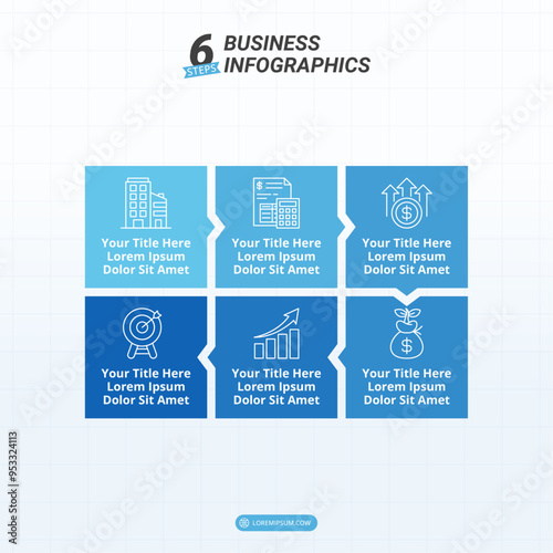 Infographic Timeline with 6 Options and Editable Text on a 16:9 Layout for Business Presentations, Management, and Evaluation.