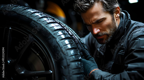 Mechanic inspecting a tire ...