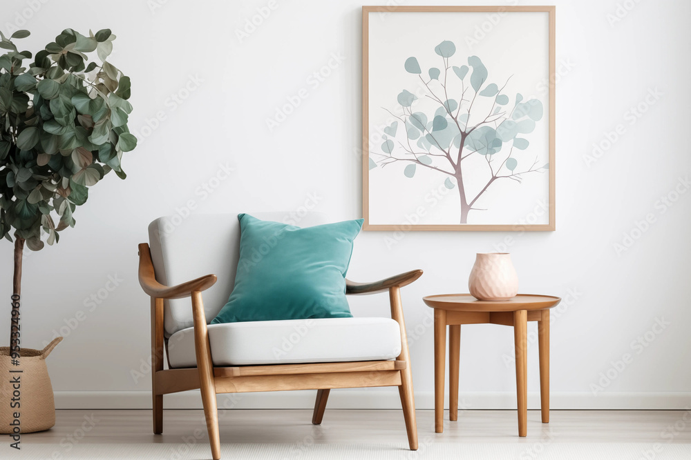 Fototapeta premium Midcentury modern armchair with teal pillow and wooden side table
