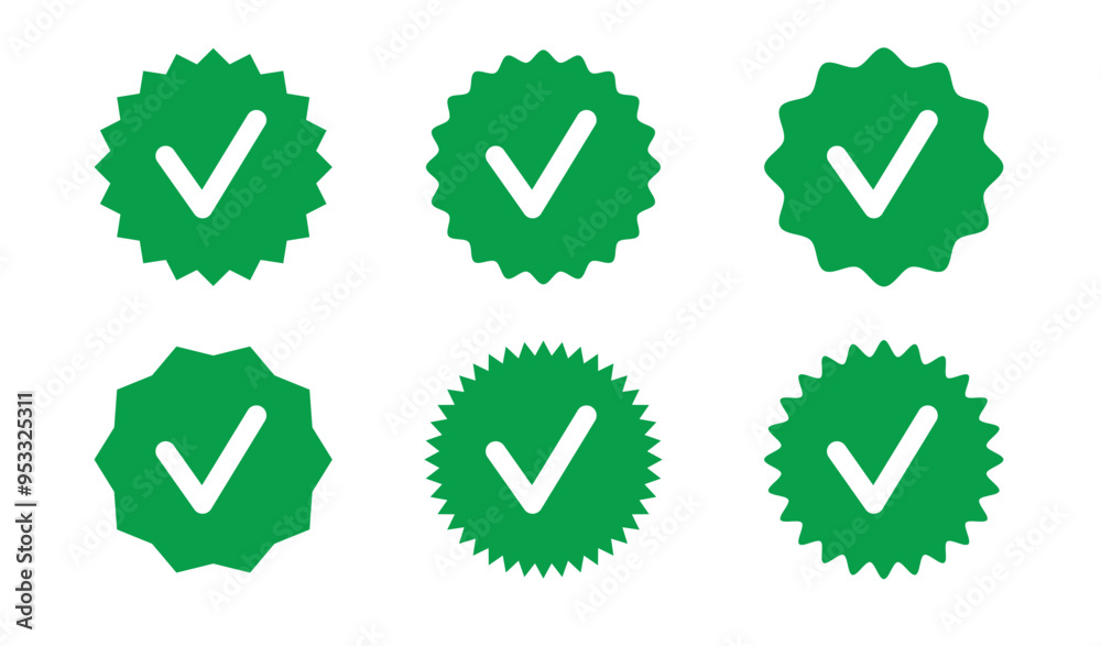 Check tick mark, Approved icon on wavy edge green circle sticker. Star burst shape tag, official account. Verify isolated icon stamp. Check tick mark, Approved icon on wavy edge green circle sticker. Star burst shape tag, official account. Verify isolated icon stamp.