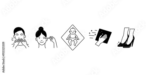 Cleaning and hygiene icons.
Icon of a girl doing makeup, a sneezing man, a child lying on a diaper, a hand wiping dust with a napkin, shiny stiletto heels. Wet wipes for cleaning and makeup removal