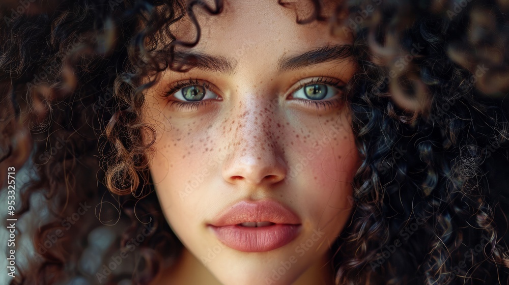 Close-up of young woman's face with curly black hair on plain neutral background. Concept of improving hair appearance, revealing femininity and attractiveness, developing hairdressing business Close-up of young woman's face with curly black hair on plain neutral background. Concept of improving hair appearance, revealing femininity and attractiveness, developing hairdressing business
