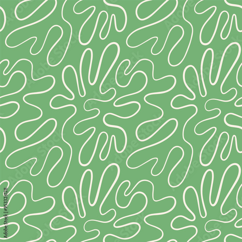 Wriggling, winding, continuous, twisted organic line seamless vector pattern. Liquid, fluid, funky chaotic ornament,  trendy groovy green background. Doodle uneven hand drawn endless wavy line texture