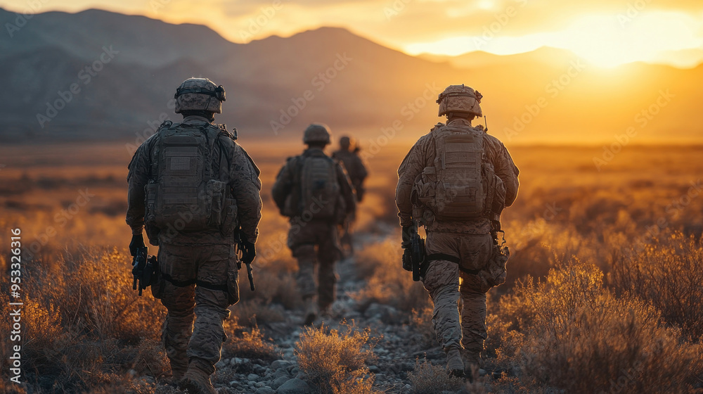 Soldiers using advanced communication devices to coordinate complex missions, representing the integration of technology in teamwork Soldiers using advanced communication devices to coordinate complex missions, representing the integration of technology in teamwork