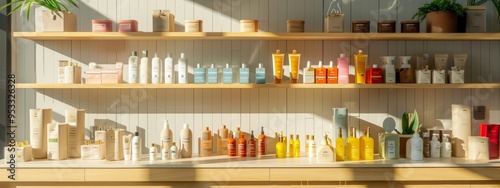 Bright and colorful display of beauty products on wooden shelves