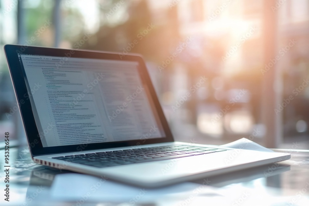 Obraz premium Modern laptop displaying code on a sunny day