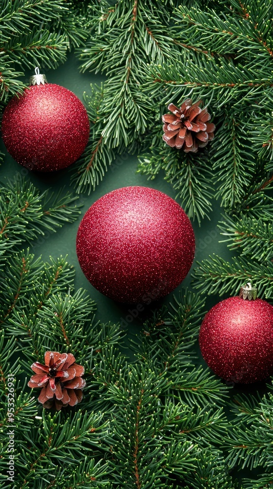 Red Christmas Ornaments on Green Pine Branches Red Christmas Ornaments on Green Pine Branches
