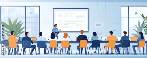 Business coach meeting with group of people in modern office interior. Team of workers listening to teacher's inspirational speech during creative business training class. Banner, Generative AI