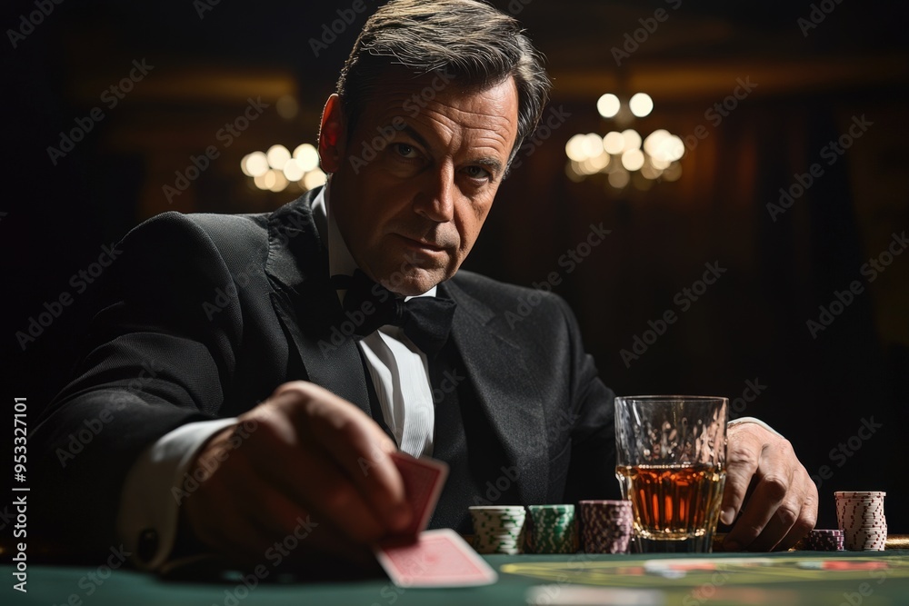 Gambler Man in Casino with Mature Style, Gambling Addiction and Brandy Gambler Man in Casino with Mature Style, Gambling Addiction and Brandy