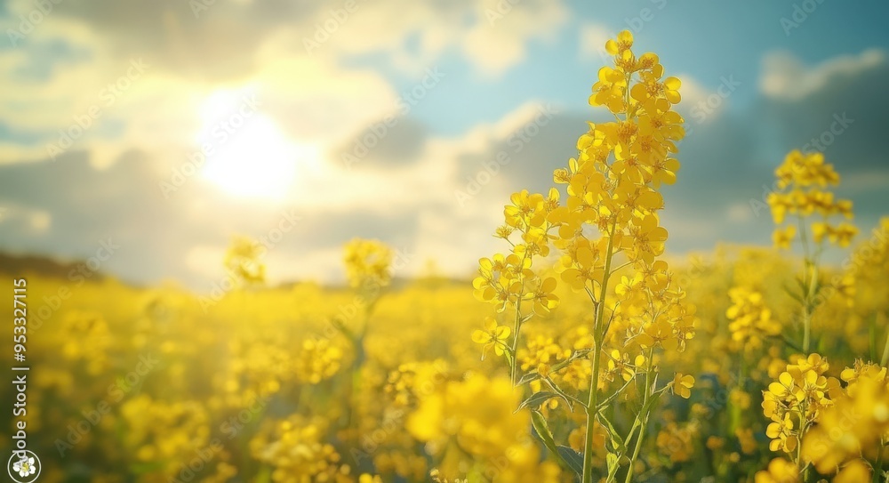 Canola field under cloudy sky with yellow flowers blooming Canola field under cloudy sky with yellow flowers blooming