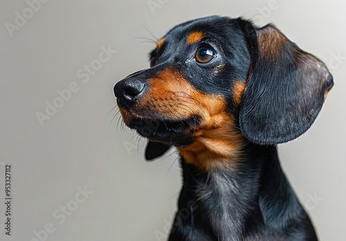 Cute black and brown dachshund puppy, side view