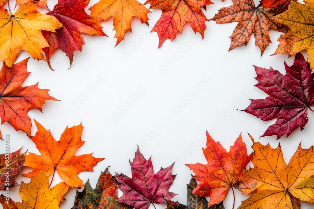 Fototapeta premium Autumn Maple Leaves Flat Lay White Background created with Generative AI
