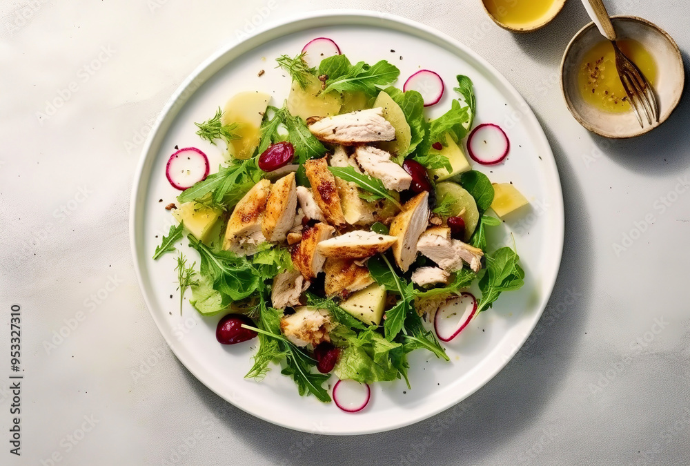 Upper view of chicken salad with red onion, cucumber and mixed greens on a white plate Upper view of chicken salad with red onion, cucumber and mixed greens on a white plate