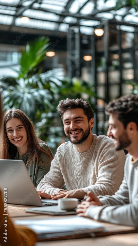 Cheerful multiracial business team using laptop, discussing project results and smiling while having a meeting in the modern office, working together, Generative AI Cheerful multiracial business team using laptop, discussing project results and smiling while having a meeting in the modern office, working together, Generative AI