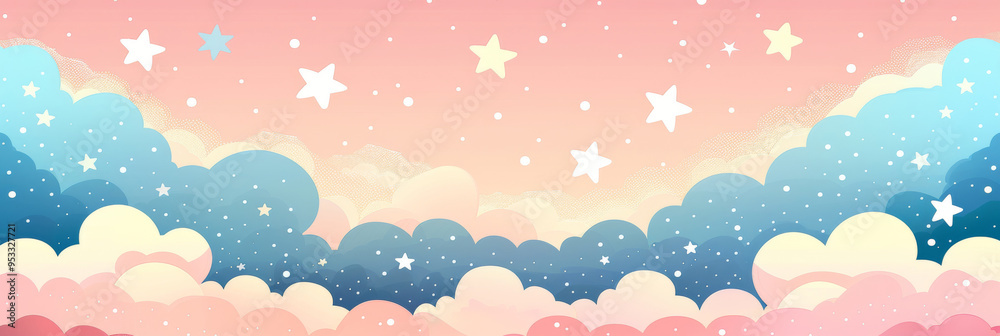 Cartoonish Sky Pattern with Fluffy Clouds and Stars. Cute Baby Background Cartoonish Sky Pattern with Fluffy Clouds and Stars. Cute Baby Background