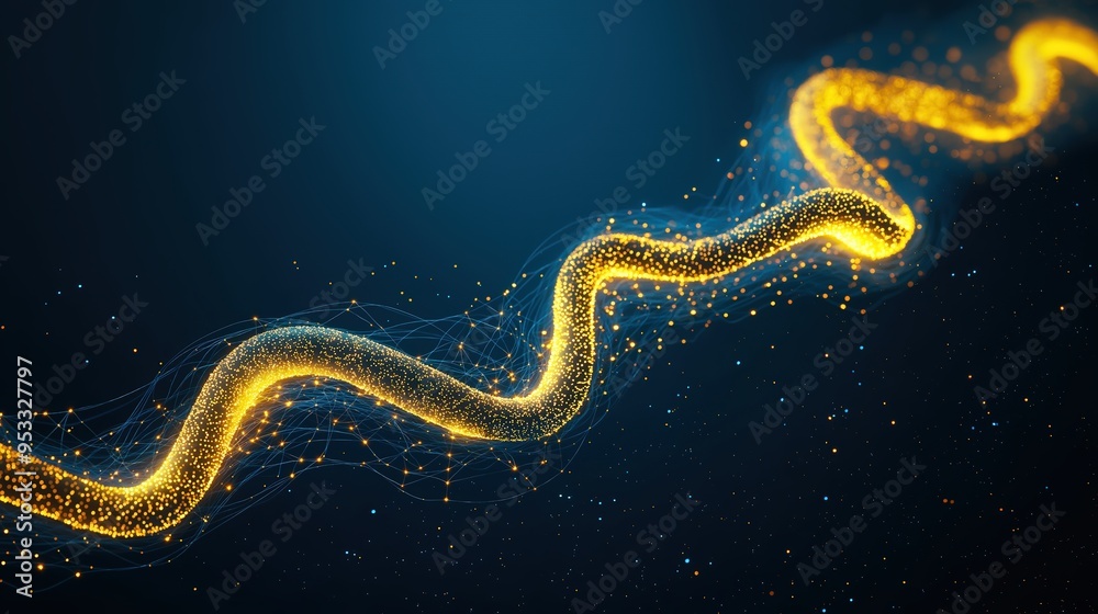 Golden snake of starry lines slithering through the dark blue air, glowing outline, flying, serpentine celestial energy in motion Golden snake of starry lines slithering through the dark blue air, glowing outline, flying, serpentine celestial energy in motion