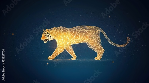 Golden tiger with starry lines stalking through the dark blue sky, glowing outline, flying, regal and powerful celestial predator