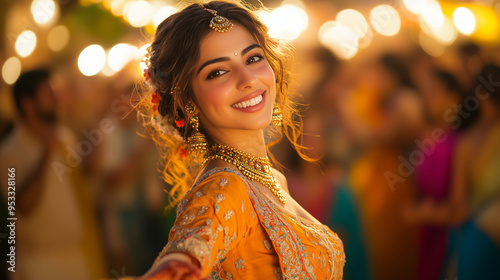 A beautiful woman in colorful traditional Indian attire, smiling and dancing at an outdoor party with other people dressed up in traditional Indian . The scene is set at night, wit