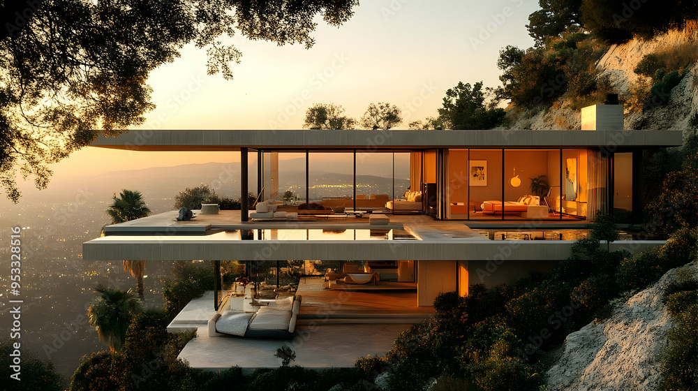 Fototapeta premium Modern house with infinity pool overlooking a city at sunset.