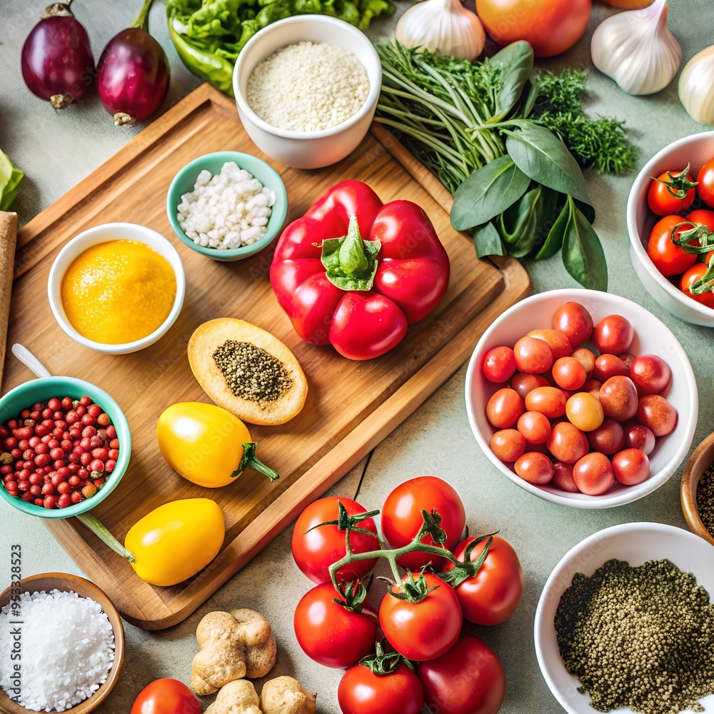 Fresh Ingredients Artfully Arranged on the Countertop, healthy cooking Fresh Ingredients Artfully Arranged on the Countertop, healthy cooking