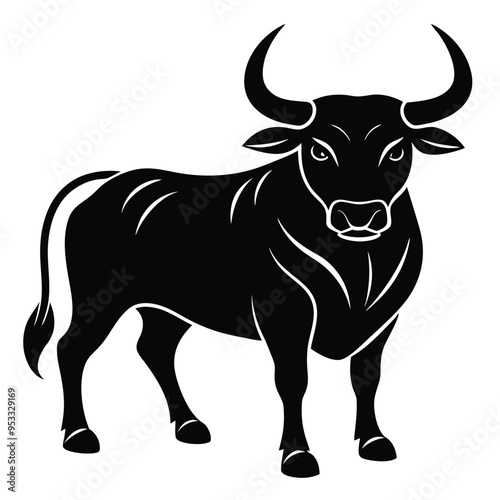 Black silhouette of a powerful bull with strong horns in aggressive minimalist side view