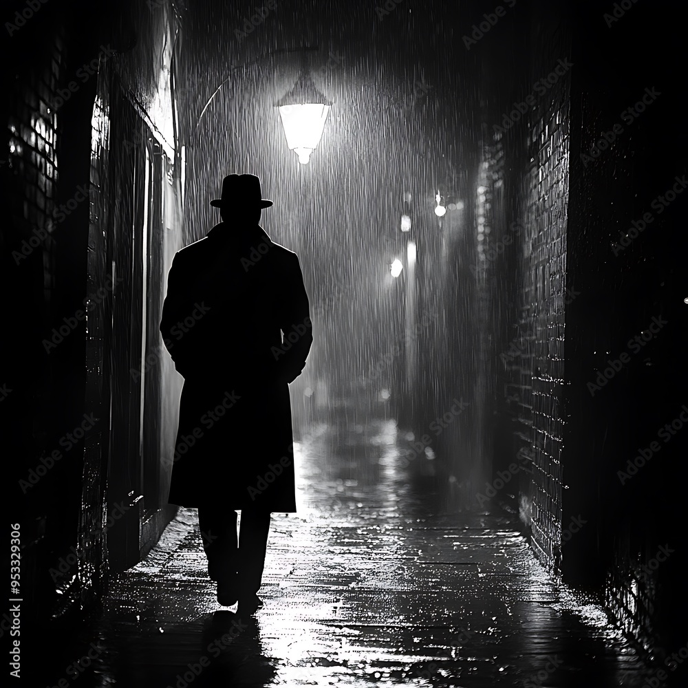 Silhouette of a Man in Trench Coat on Rainy Night Alley Silhouette of a Man in Trench Coat on Rainy Night Alley