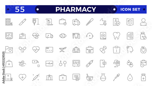 Medical and pharmacy line icons collection. Big UI icon set in a flat design. Thin outline icons pack.