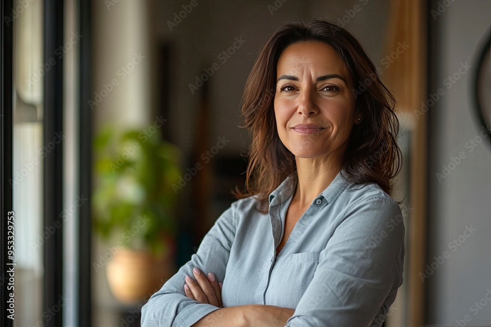 Happy confident mature professional business woman standing at work in office arms crossed looking away, proud hispanic middle aged businesswoman leader executive thinking of future success , ai Happy confident mature professional business woman standing at work in office arms crossed looking away, proud hispanic middle aged businesswoman leader executive thinking of future success , ai
