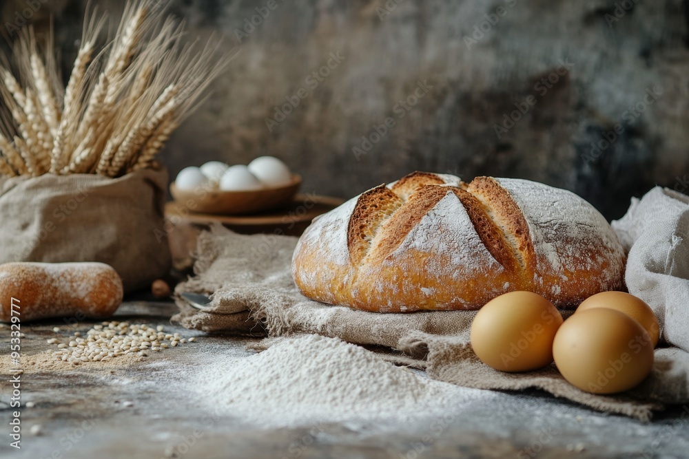 Round loaf of bread resting on burlap sack with eggs and wheat Round loaf of bread resting on burlap sack with eggs and wheat
