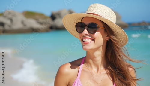 Woman in Straw Hat and Blue Swimsuit Enjoying Sunny Beach Day - Perfect for Summer and Travel Photography