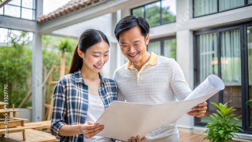 cheerful asian couple looking at construction house