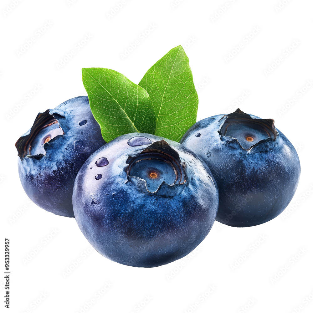 Obraz premium Juicy blueberries are presented on a clean PNG surface, accentuated by fresh green leaves for a vibrant look, blueberries isolated on PNG