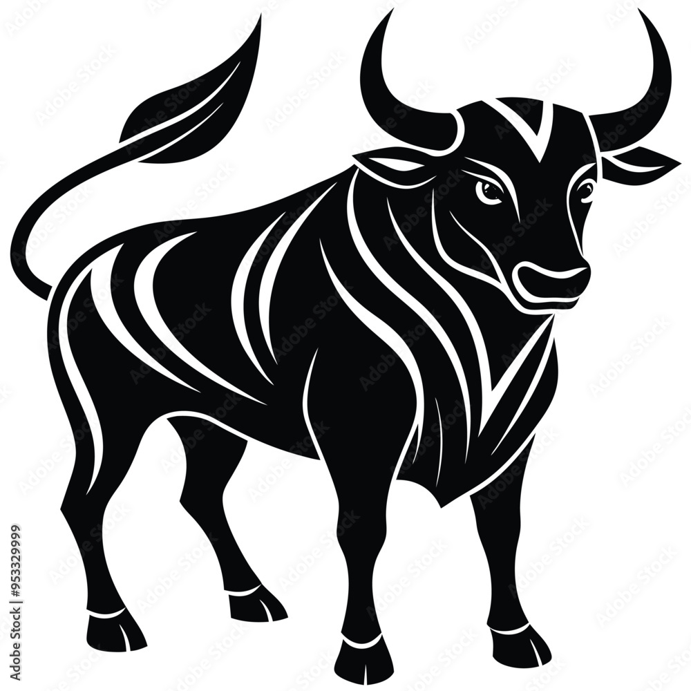 Fototapeta premium Black silhouette of a powerful bull with strong horns in aggressive minimalist side view