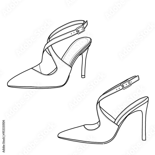 Slingback heels for women are pointed closed-toe, stiletto pumps cross strap, kitten heels line art. Technical sketch hand drawing outline vector doodle illustration.