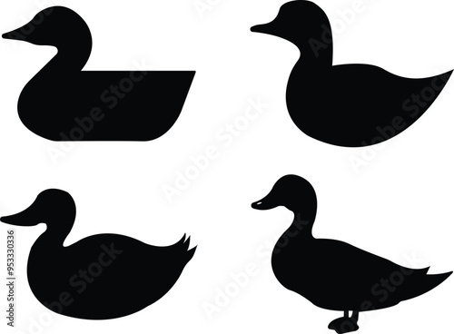Black silhouette of duck flat icons Set. illustration bird farm animal symbols. Concept of minimalism simple designs. Print vectors logos template designs elements isolated on transparent background.