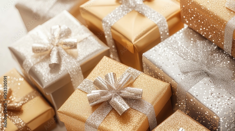 A series of tiny gift boxes wrapped in metallic paper, with a snowflake and star pattern on a sparkling backdrop.