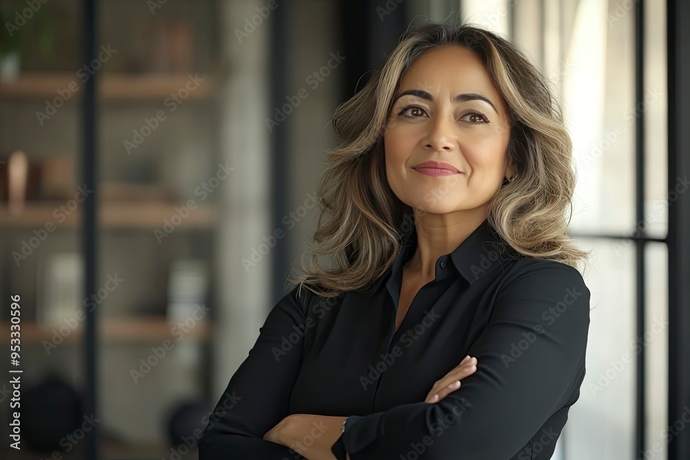 Happy confident mature professional business woman standing at work in office arms crossed looking away, proud hispanic middle aged businesswoman leader executive thinking of future success , ai