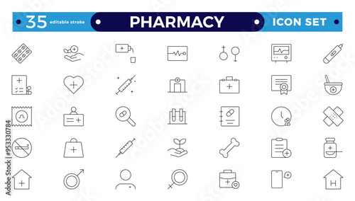 Medical and pharmacy line icons collection. Big UI icon set in a flat design. Thin outline icons pack. Editable stroke outline icon. 