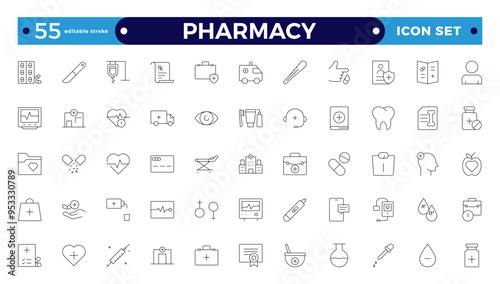 Medical and pharmacy line icons collection. Big UI icon set in a flat design. Thin outline icons pack. Editable stroke outline icon. 