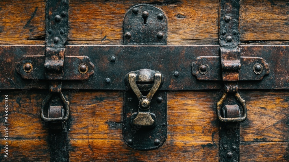 An antique wooden chest with metal locks and hinges, providing a nostalgic, rustic look An antique wooden chest with metal locks and hinges, providing a nostalgic, rustic look
