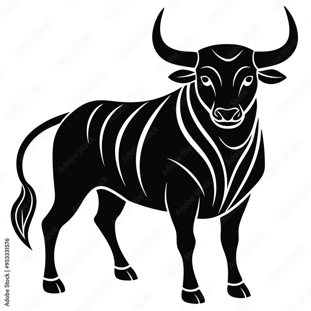 Fototapeta premium Black silhouette of a powerful bull with strong horns in aggressive minimalist side view
