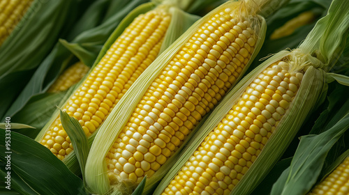 Fresh Corn Cobs vegetables with green leaves.