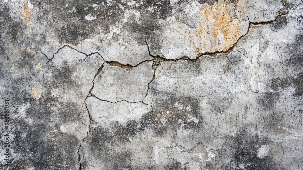 Fototapeta premium Close-up of a rough, weathered concrete texture with cracks and stains, creating a rugged and rustic background.