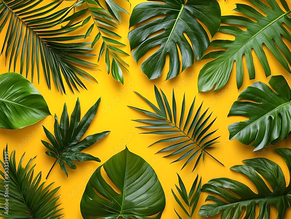 Tropical Green Leaves on Yellow Background Summer Nature Pattern Tropical Green Leaves on Yellow Background Summer Nature Pattern
