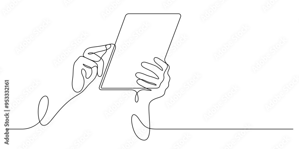 hand using tablet online working and communication one line drawing continuous hand using tablet online working and communication one line drawing continuous