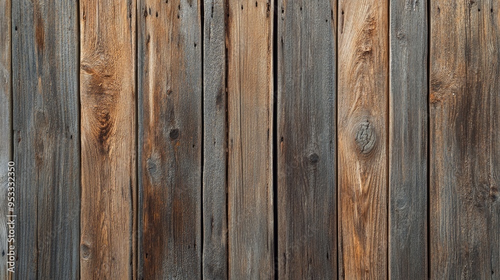 Fototapeta premium Close-up of aged barn wood with vertical planks and natural textures, ideal for rustic-themed graphics.