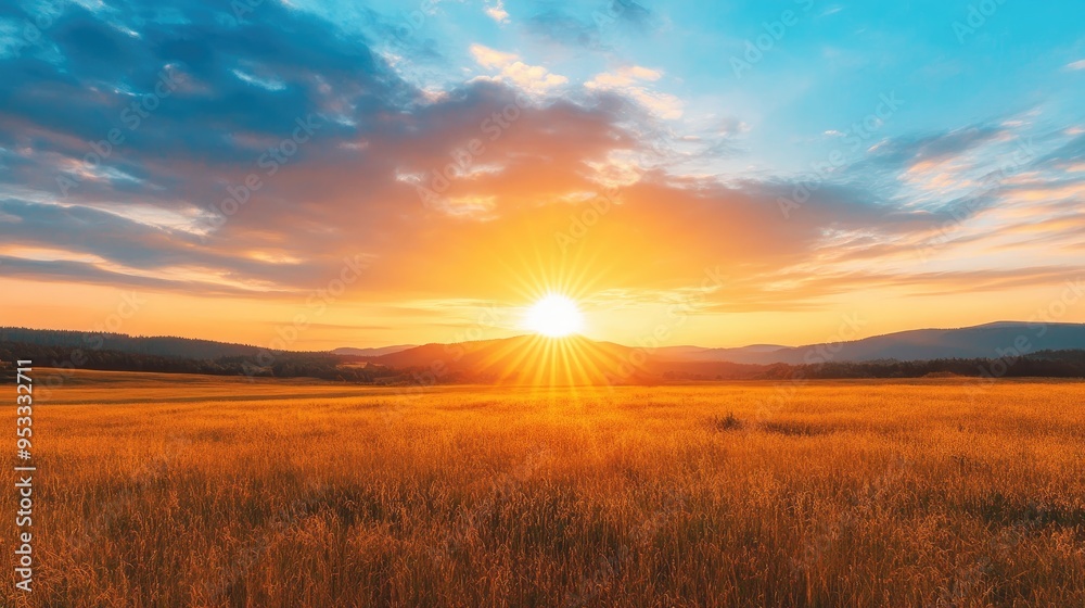 A vibrant sunrise illuminates a field of golden grass, casting long shadows across the landscape. A vibrant sunrise illuminates a field of golden grass, casting long shadows across the landscape.
