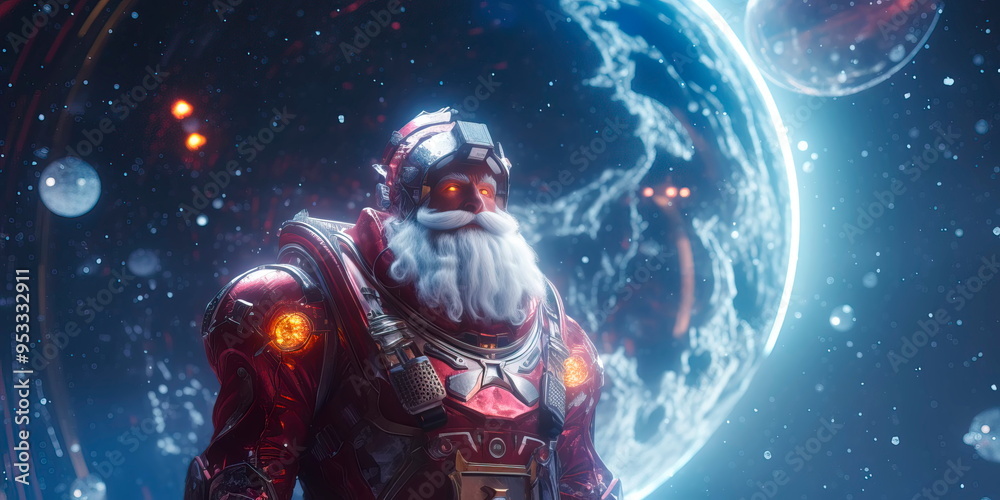 Santa Claus in a futuristic space suit, surrounded by cosmic elements, blending the magic of Christmas with a touch of science fiction. Santa Claus in a futuristic space suit, surrounded by cosmic elements, blending the magic of Christmas with a touch of science fiction.