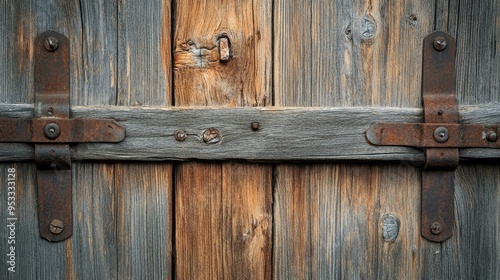 Detailed shot of an old wooden barn door with visible grain and metal hinges, evoking a rural, rustic feel.